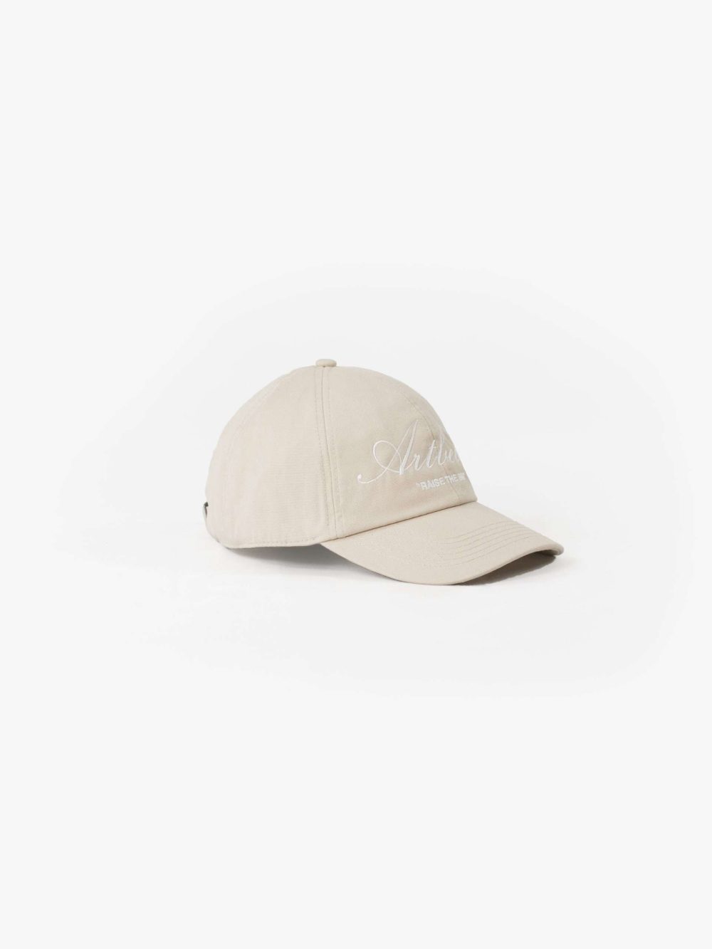 embroidered cap caligraphy font artbeast raise the bar headwear stylish organic cotton beige cream sand cap